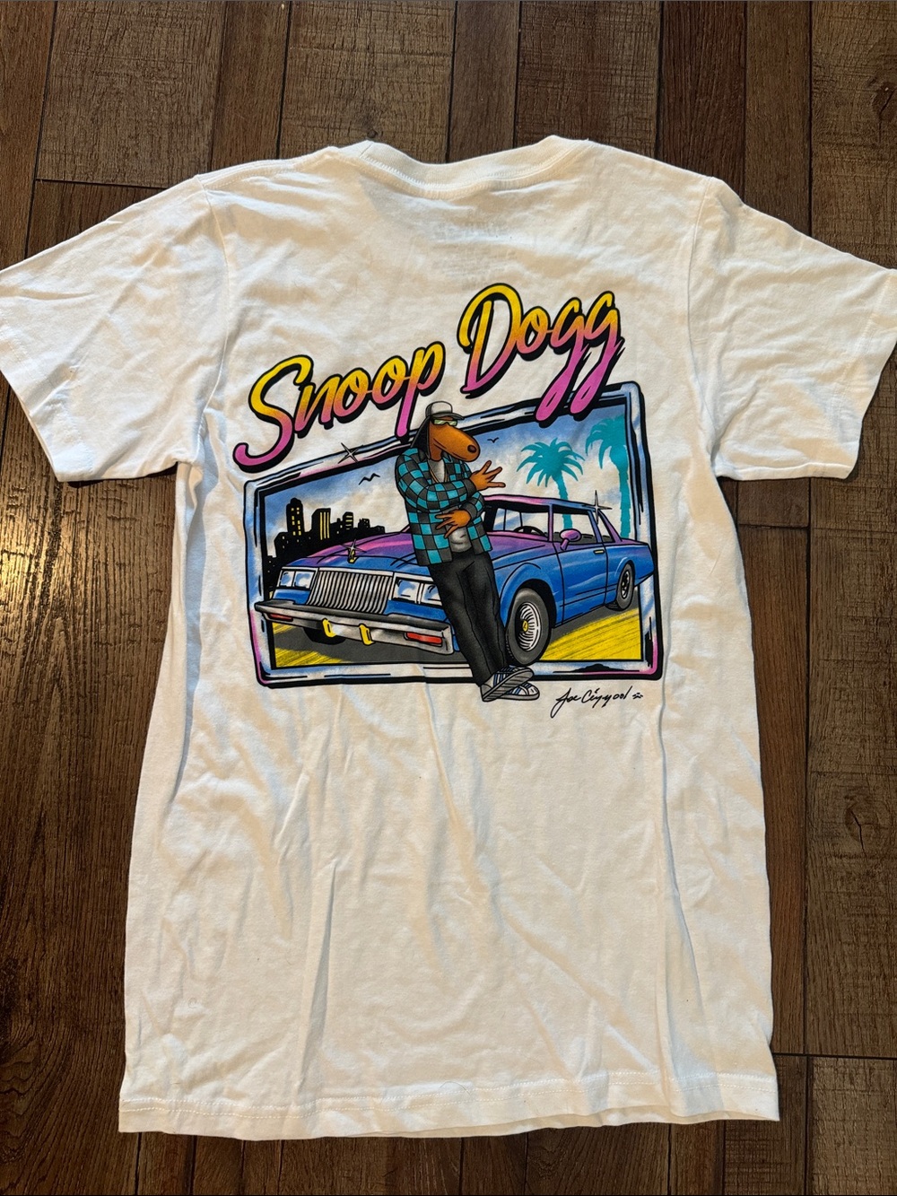 GG Collection White Tee with Blue Car and Pink-Yellow Snoop Dogg Script
